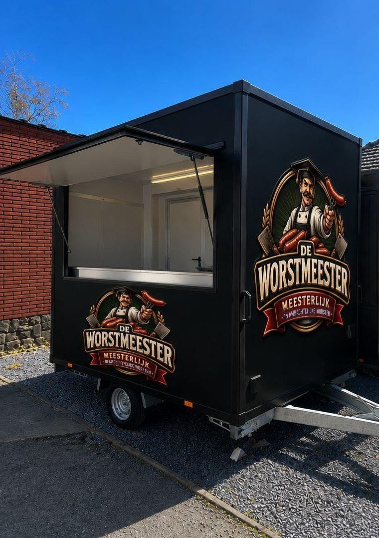 De matzwarte foodtruck van De Worstmeester met logo, zijaanzicht